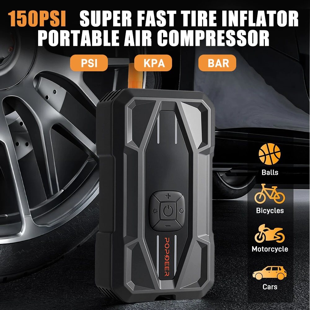 POPDEER PD-JA5 5000A Jump Starter with Air Compressor 150 PSI Tire Inflator 12V 37Wh Power Bank PD30W Type C Quick Charge LCD Display Flashlight Storage Case Suitable for 10L Gas or 8L Diesel Engines