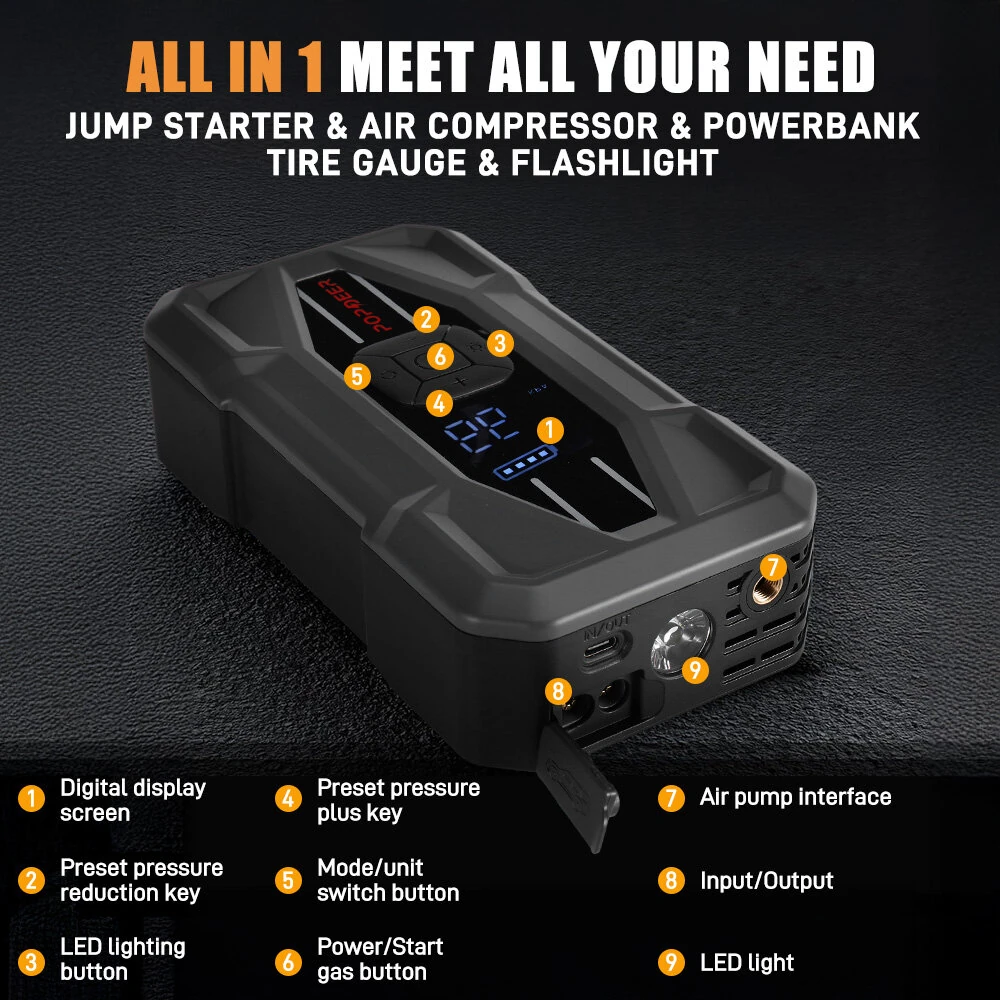 POPDEER PD-JA5 5000A Jump Starter with Air Compressor 150 PSI Tire Inflator 12V 37Wh Power Bank PD30W Type C Quick Charge LCD Display Flashlight Storage Case Suitable for 10L Gas or 8L Diesel Engines
