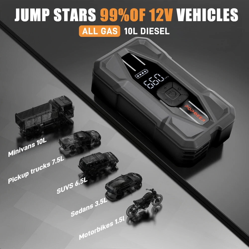 POPDEER PD-JA5 5000A Jump Starter with Air Compressor 150 PSI Tire Inflator 12V 37Wh Power Bank PD30W Type C Quick Charge LCD Display Flashlight Storage Case Suitable for 10L Gas or 8L Diesel Engines
