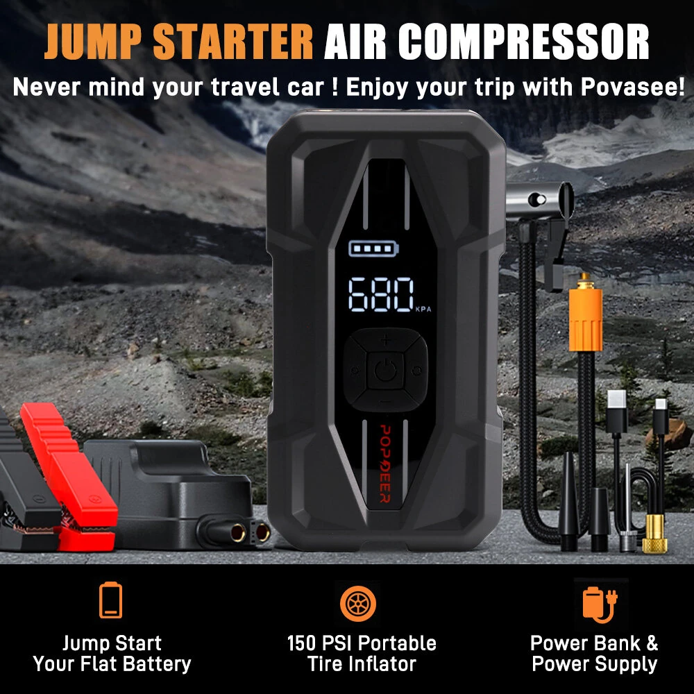POPDEER PD-JA5 5000A Jump Starter with Air Compressor 150 PSI Tire Inflator 12V 37Wh Power Bank PD30W Type C Quick Charge LCD Display Flashlight Storage Case Suitable for 10L Gas or 8L Diesel Engines
