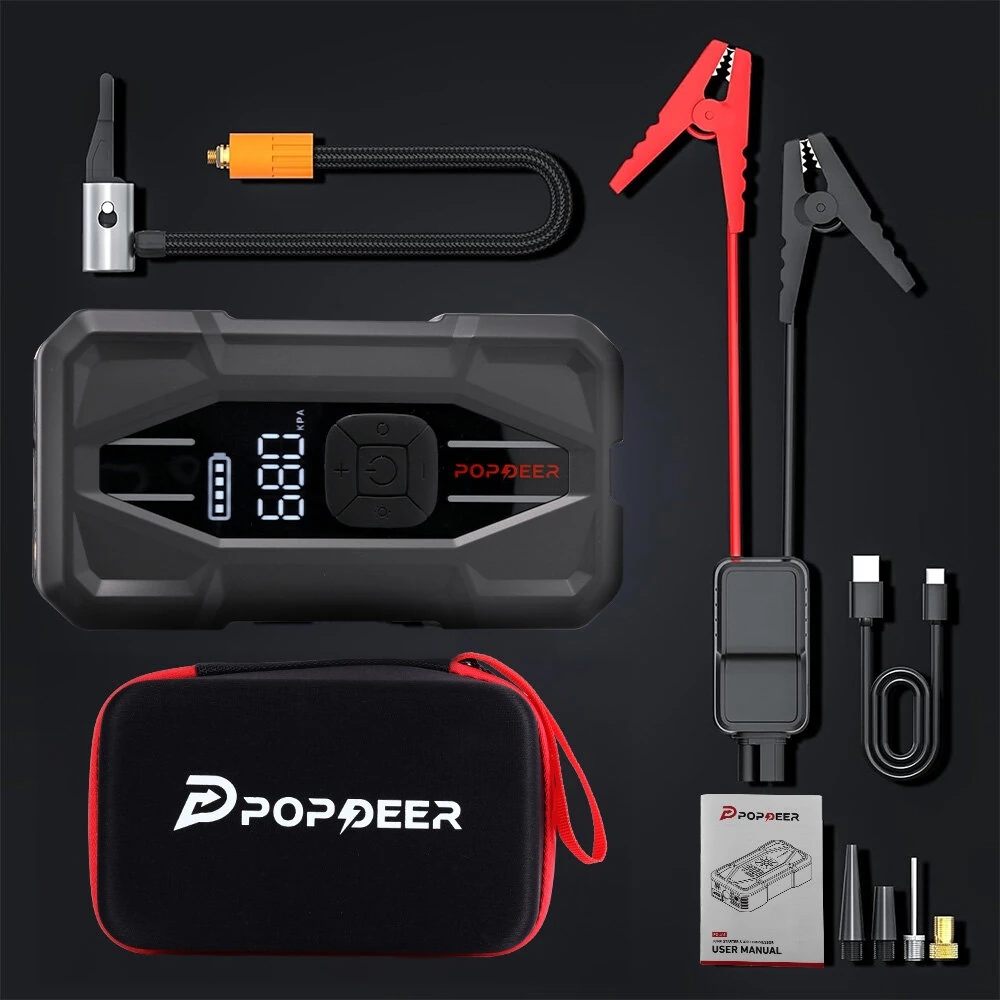 POPDEER PD-JA5 5000A Jump Starter with Air Compressor 150 PSI Tire Inflator 12V 37Wh Power Bank PD30W Type C Quick Charge LCD Display Flashlight Storage Case Suitable for 10L Gas or 8L Diesel Engines