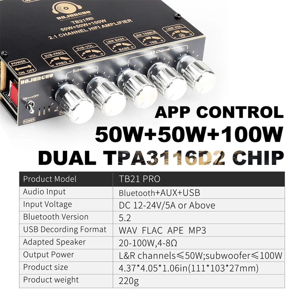 ZK-TB21 PRO 2.1 Channel 5.2 Stereo bluetooth Amplifier Board 50W+50W+100W TPA3116D2 Chip AUX Amplifier