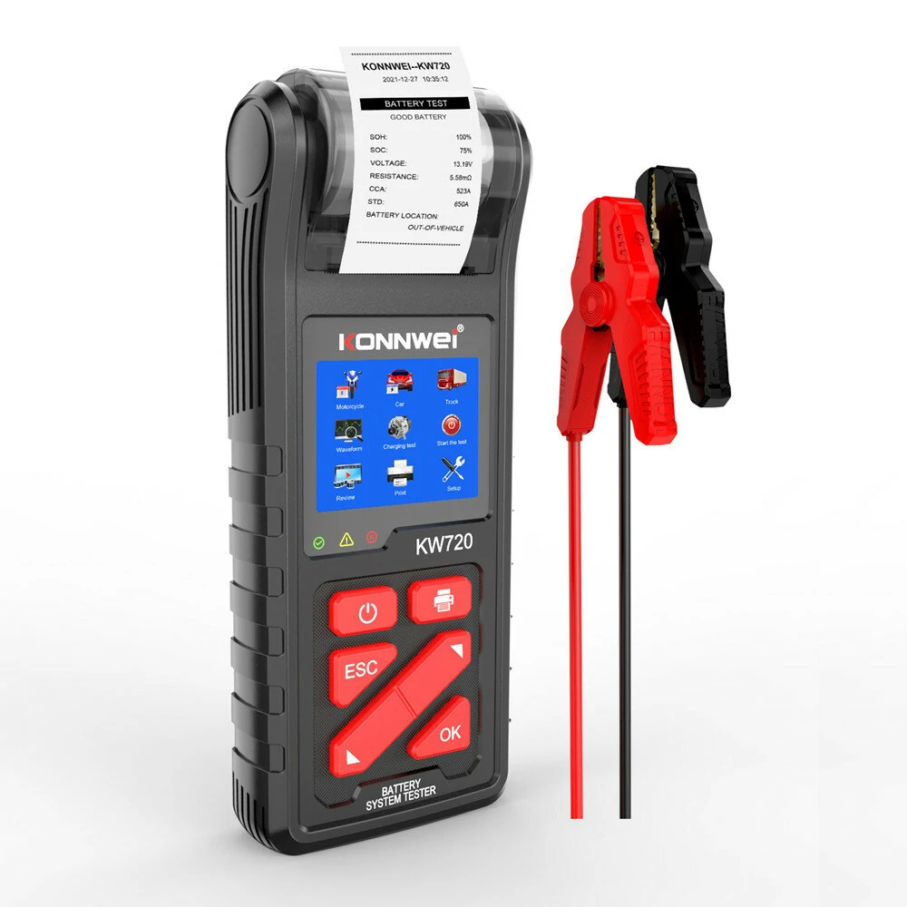 KONNWEI KW720 Car Battery Tester With Integrated Printer 6V/12V/24V Universal Battery Analyzer Craking/Charging Test