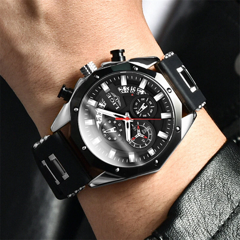 LIGE Men Watches with Silicone Strap Waterproof Chronograph Quartz Watch Luminous Calendar Sports Wristwatch