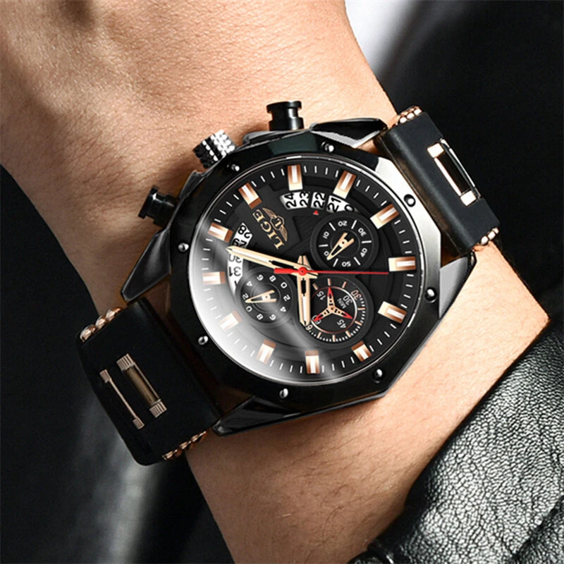 LIGE Men Watches with Silicone Strap Waterproof Chronograph Quartz Watch Luminous Calendar Sports Wristwatch