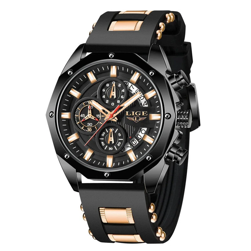 LIGE Men Watches with Silicone Strap Waterproof Chronograph Quartz Watch Luminous Calendar Sports Wristwatch