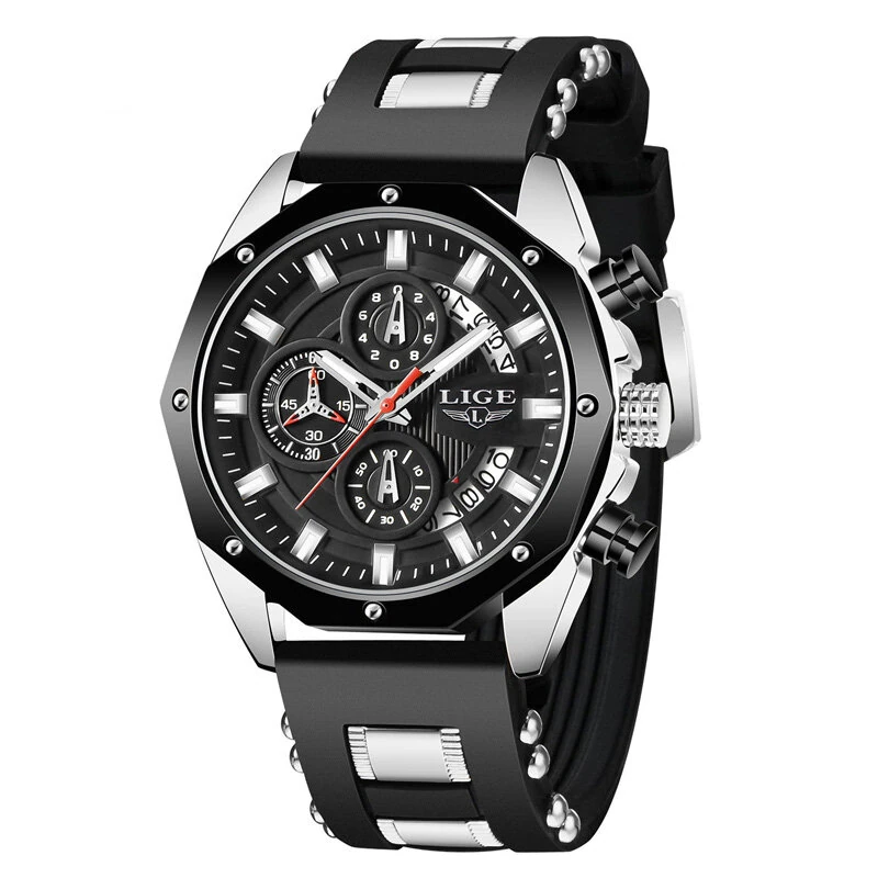 LIGE Men Watches with Silicone Strap Waterproof Chronograph Quartz Watch Luminous Calendar Sports Wristwatch