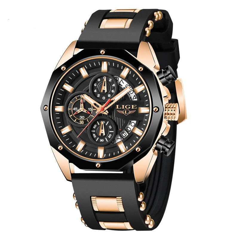 LIGE Men Watches with Silicone Strap Waterproof Chronograph Quartz Watch Luminous Calendar Sports Wristwatch