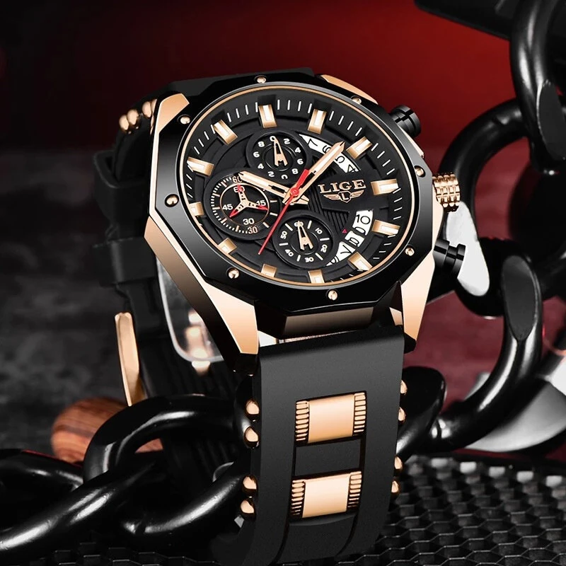 LIGE Men Watches with Silicone Strap Waterproof Chronograph Quartz Watch Luminous Calendar Sports Wristwatch
