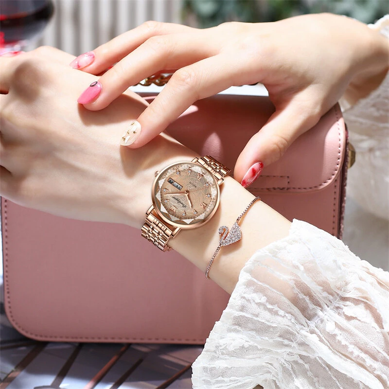 POEDAGAR Women Luxury Rhinestone Quartz Watch Waterproof Luminous Wristwatch Calendar Analog Stainless Steel Wrist Watch Elegant Ladies Watches
