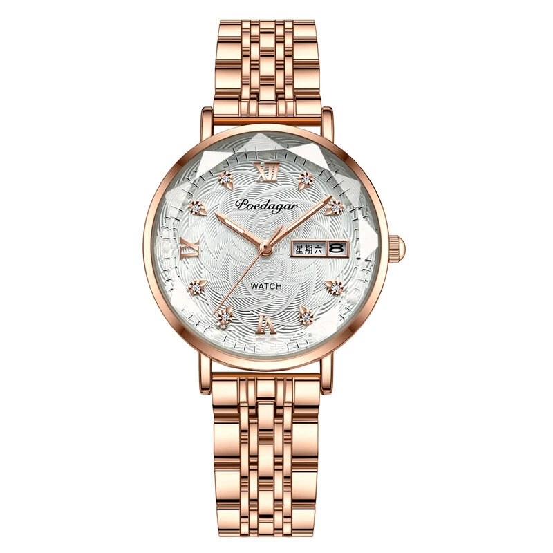 POEDAGAR Women Luxury Rhinestone Quartz Watch Waterproof Luminous Wristwatch Calendar Analog Stainless Steel Wrist Watch Elegant Ladies Watches