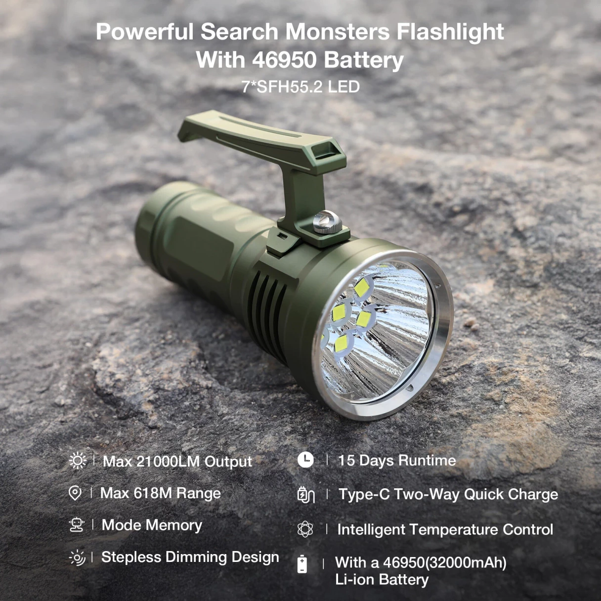 Astrolux® MF07 7*SFH55.2 LED 21000LM Powerful Search Monsters Flashlight with 46950 Battery Max 618M Throw Flashlight 15 Days Runtime Type-C USB Rechargeable Powerful LED Torch for Outdoor Adventure Hiking Camping Searching Fishing