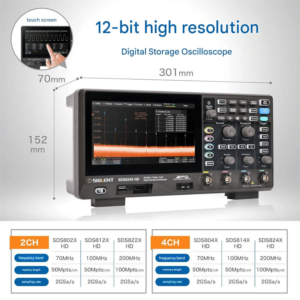 SIGLENT SDS814X-HD SDS812X-HD SDS802X-HD Oscilloscope 100MHz 70MHz Bandwidth 2GSa/s 12-bit High Resolution Enhanced Signal Analysis Versatile Triggers