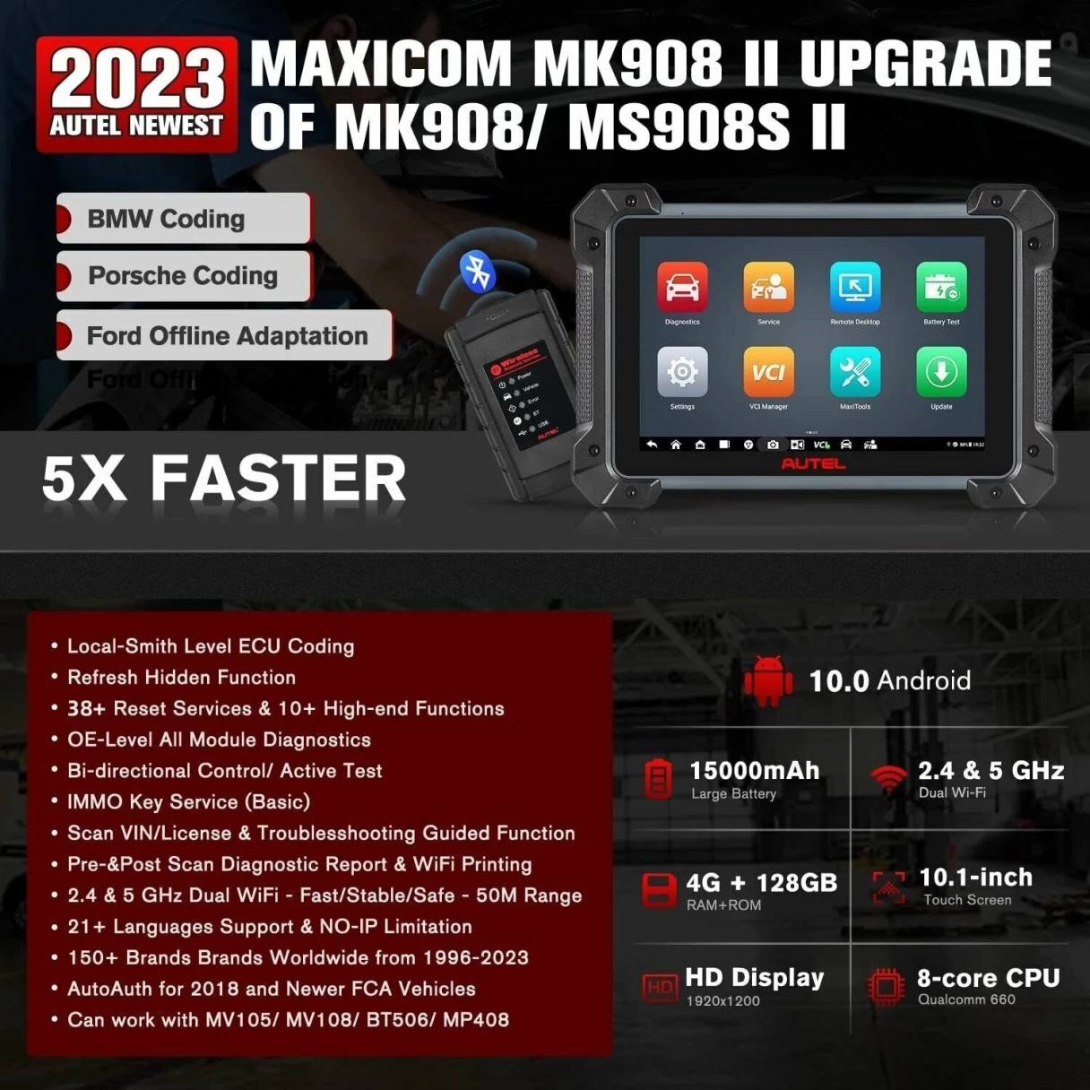 AUTEL MaxiCOM MK908 II Automotive Diagnostic Scan Tool 36+ Reset Services 10+ High-end Functions 21+ Languages Support NO-IP Limitation