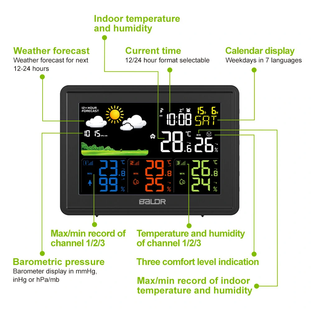 BALDR Weather Station Alarm Clock Wireless Indoor Outdoor Thermometer with Atomic Clock Forecast Station 3 Outdoor Sensors