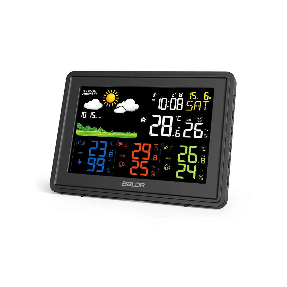 BALDR Weather Station Alarm Clock Wireless Indoor Outdoor Thermometer with Atomic Clock Forecast Station 3 Outdoor Sensors