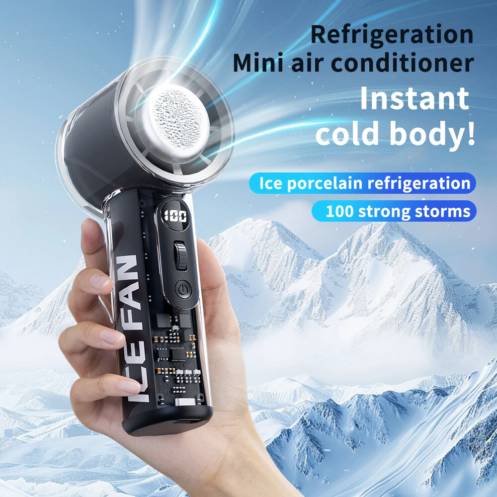 Handheld 100 Wind Speed Ice Cooling Fan  USB Small Desktop Portable Cooling High Speed Long Endurance Fan With LED Digital Display