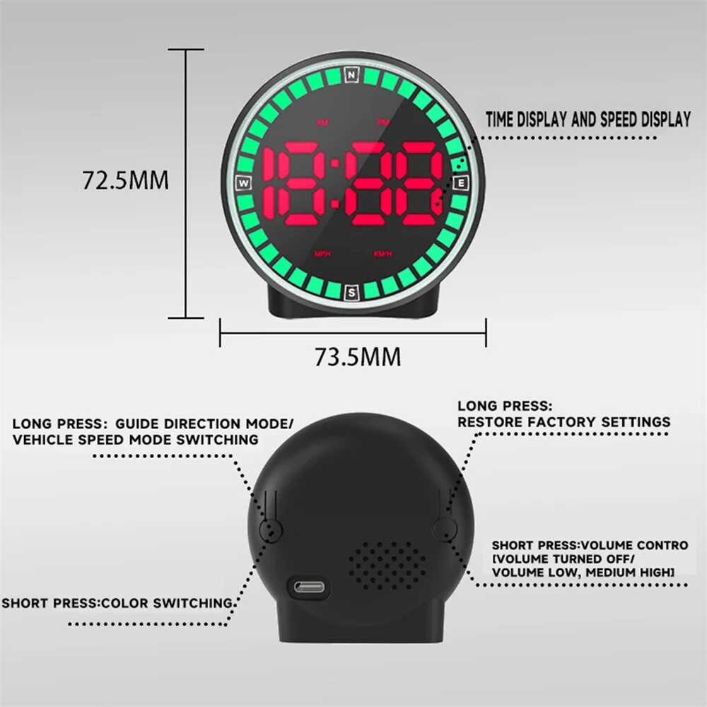 Car Speedometer Head-Up Display 7 Color Lights GPS Dashboard Monitor Overspeed Warning Large Fonts Plug and Play Universal
