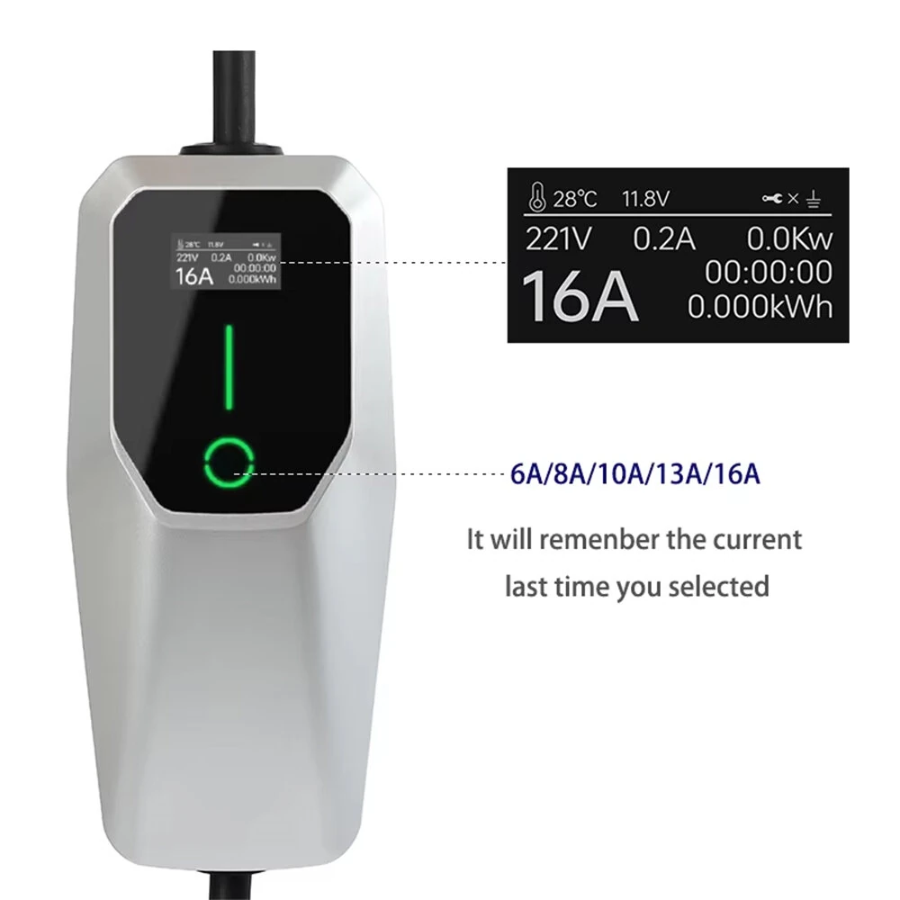 Type 2 Portable EV Charger Electric Vehicle Fast Charging Station 6A 8A 10A 13A 16A Adjustable Current Thermoplastic UL94V-0 Fire Rating EE1640Y