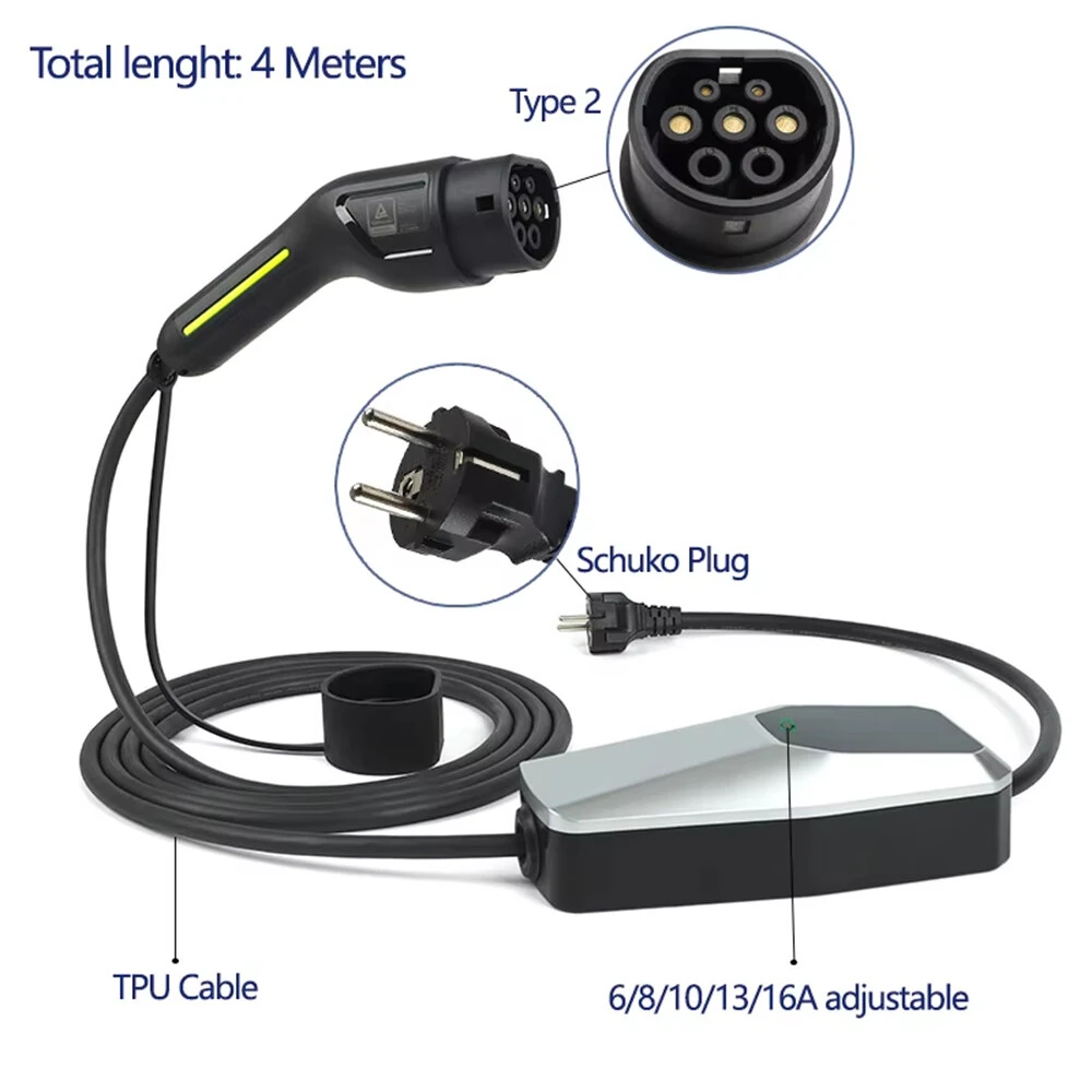 Type 2 Portable EV Charger Electric Vehicle Fast Charging Station 6A 8A 10A 13A 16A Adjustable Current Thermoplastic UL94V-0 Fire Rating EE1640Y
