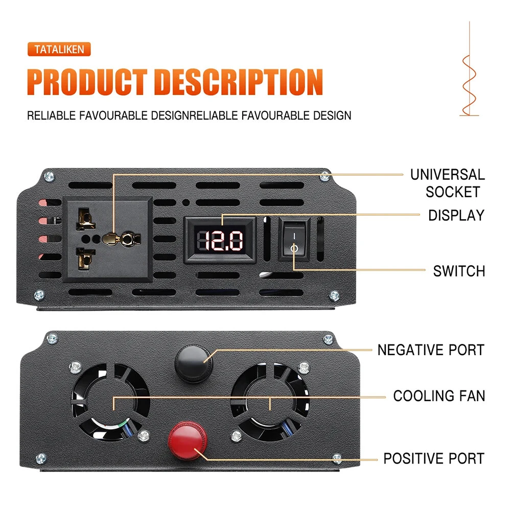 TATALIKEN Power Inverter 12V 24V to 110-220V Pure Sine Wave 2000W Rated Power 5000W Peak Power Converter Home Inverter