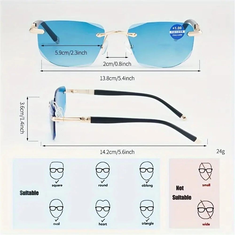 Gradual Blue Lens Frameless Reading Glasses Anti-blue Light UV Protection Comfortable Business Casual Sunglasses with Case