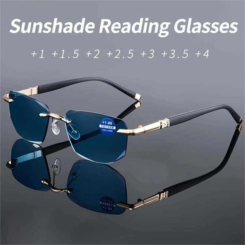 Gradual Blue Lens Frameless Reading Glasses Anti-blue Light UV Protection Comfortable Business Casual Sunglasses with Case