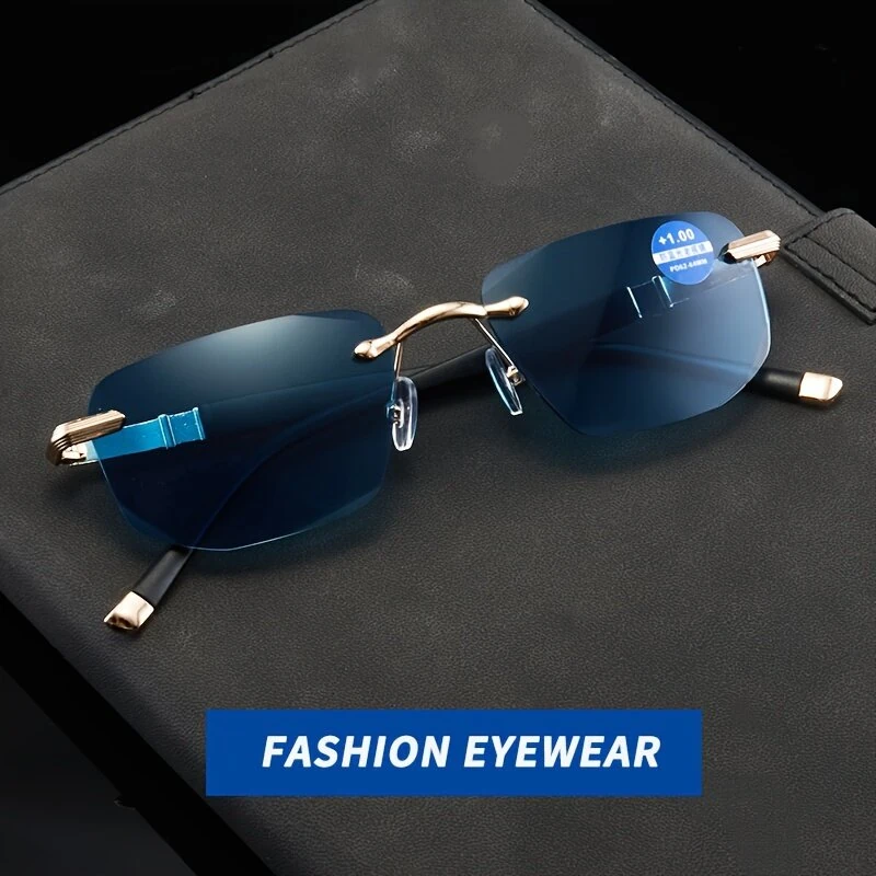 Gradual Blue Lens Frameless Reading Glasses Anti-blue Light UV Protection Comfortable Business Casual Sunglasses with Case