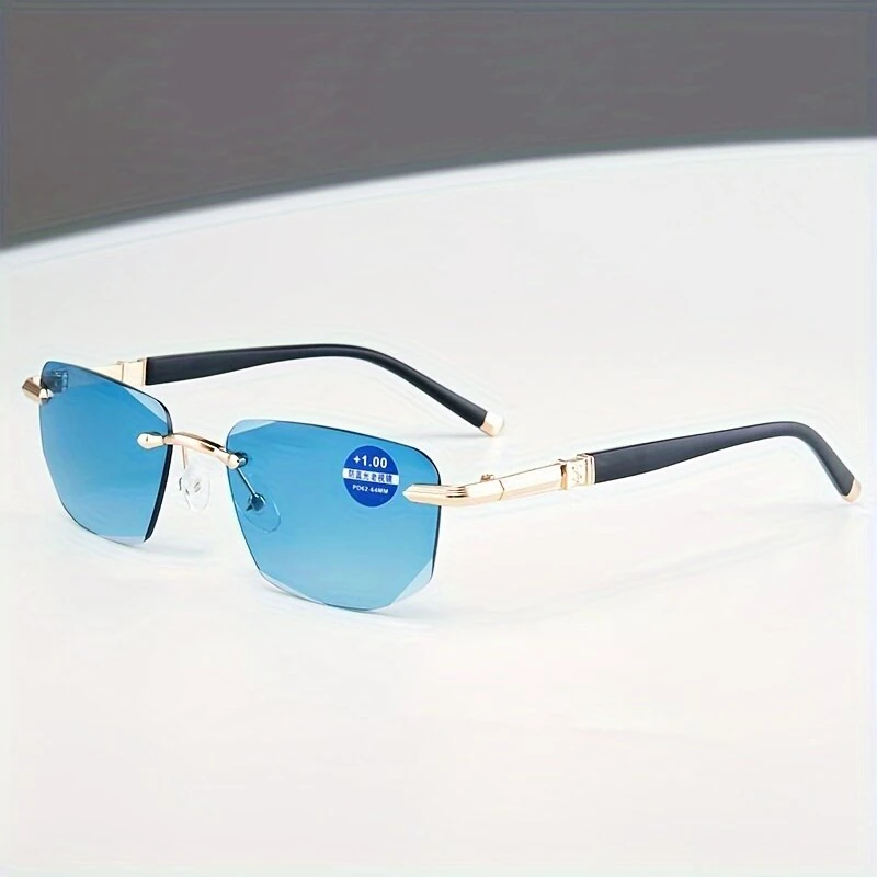 Gradual Blue Lens Frameless Reading Glasses Anti-blue Light UV Protection Comfortable Business Casual Sunglasses with Case