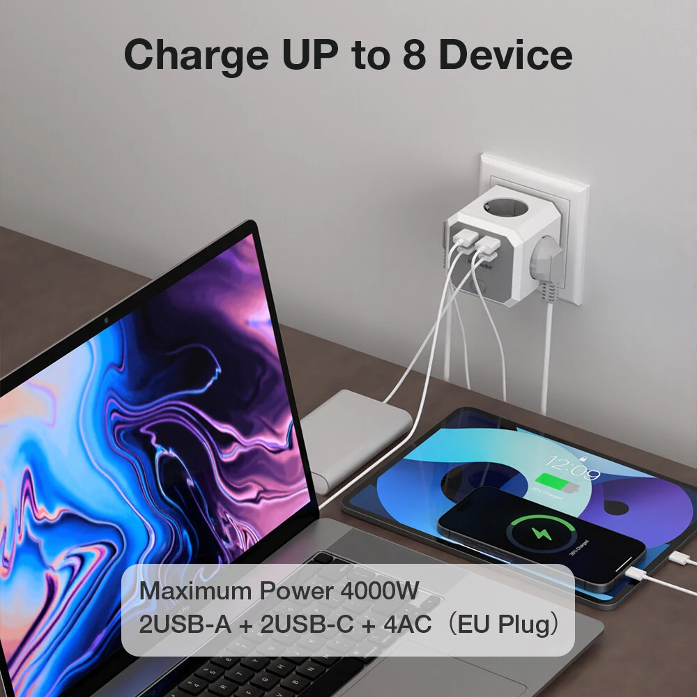 BlitzWolf BW-EC2 8-in-1 Wall Cube Socket EU Plug Power Outlet Extender 4000W with Switch 4 AC Outlets / 2 USB-A / 2 USB-C for Home Bedroom Travel