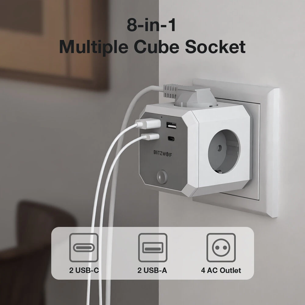 BlitzWolf BW-EC2 8-in-1 Wall Cube Socket EU Plug Power Outlet Extender 4000W with Switch 4 AC Outlets / 2 USB-A / 2 USB-C for Home Bedroom Travel