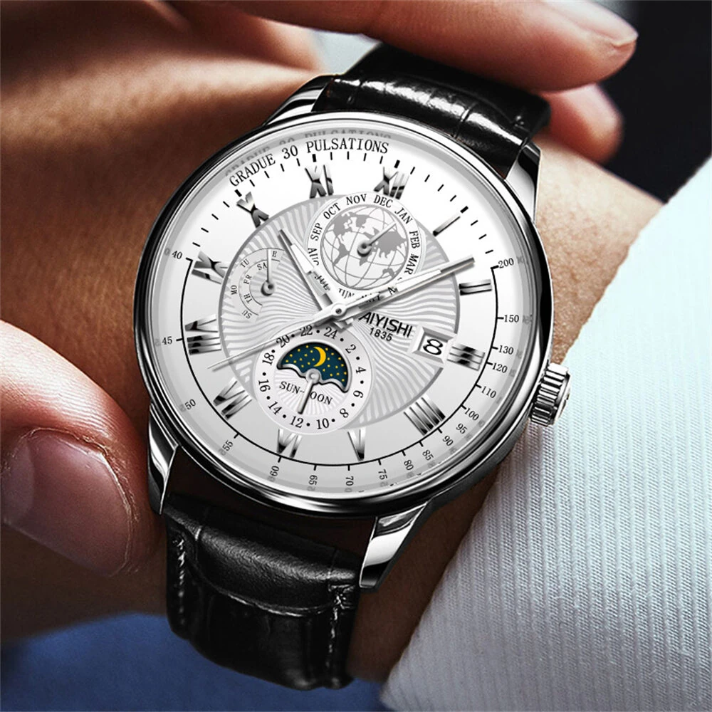 AIYISHI Men Business Luxury Quartz Watch Luminous Single Date Round Dial PU Leather Strap Watches Men's Sport Watch