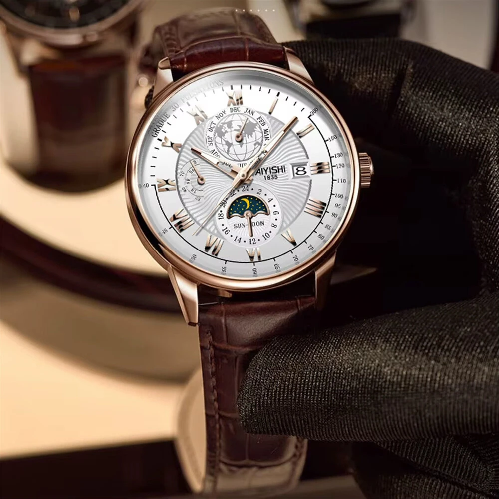 AIYISHI Men Business Luxury Quartz Watch Luminous Single Date Round Dial PU Leather Strap Watches Men's Sport Watch