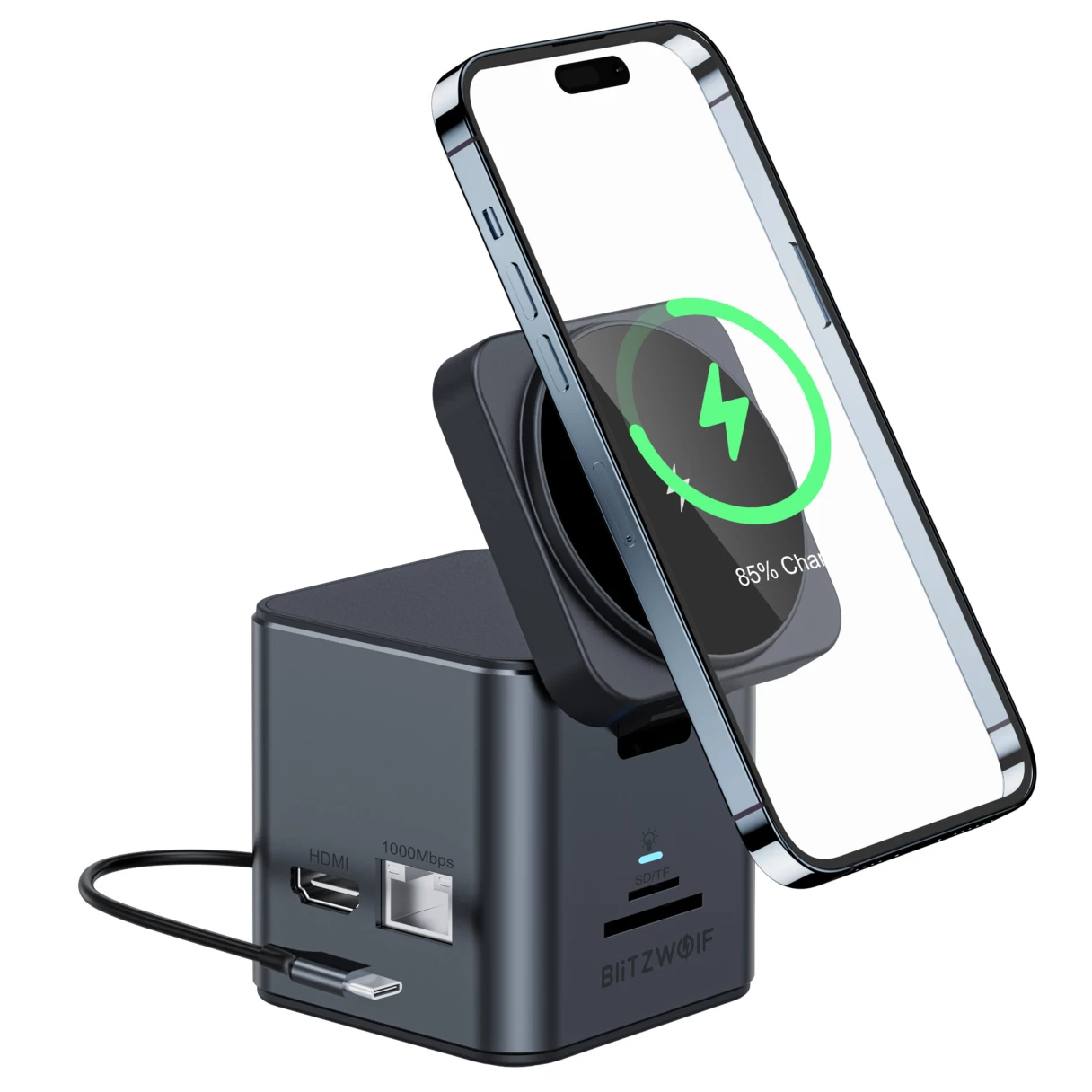 BlitzWolf BW-TH17 9 in 1 Type-C Docking Station Magnetic 15W Wireless Charger Stand USB-C HUB with USB3.0*3 HD 4K@30Hz Gigabit RJ45 SD/TF Card Slot  PD 100W