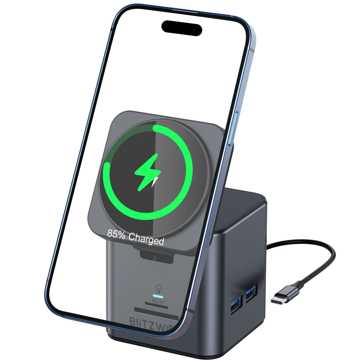 BlitzWolf BW-TH17 9 in 1 Type-C Docking Station Magnetic 15W Wireless Charger Stand USB-C HUB with USB3.0*3 HD 4K@30Hz Gigabit RJ45 SD/TF Card Slot  PD 100W