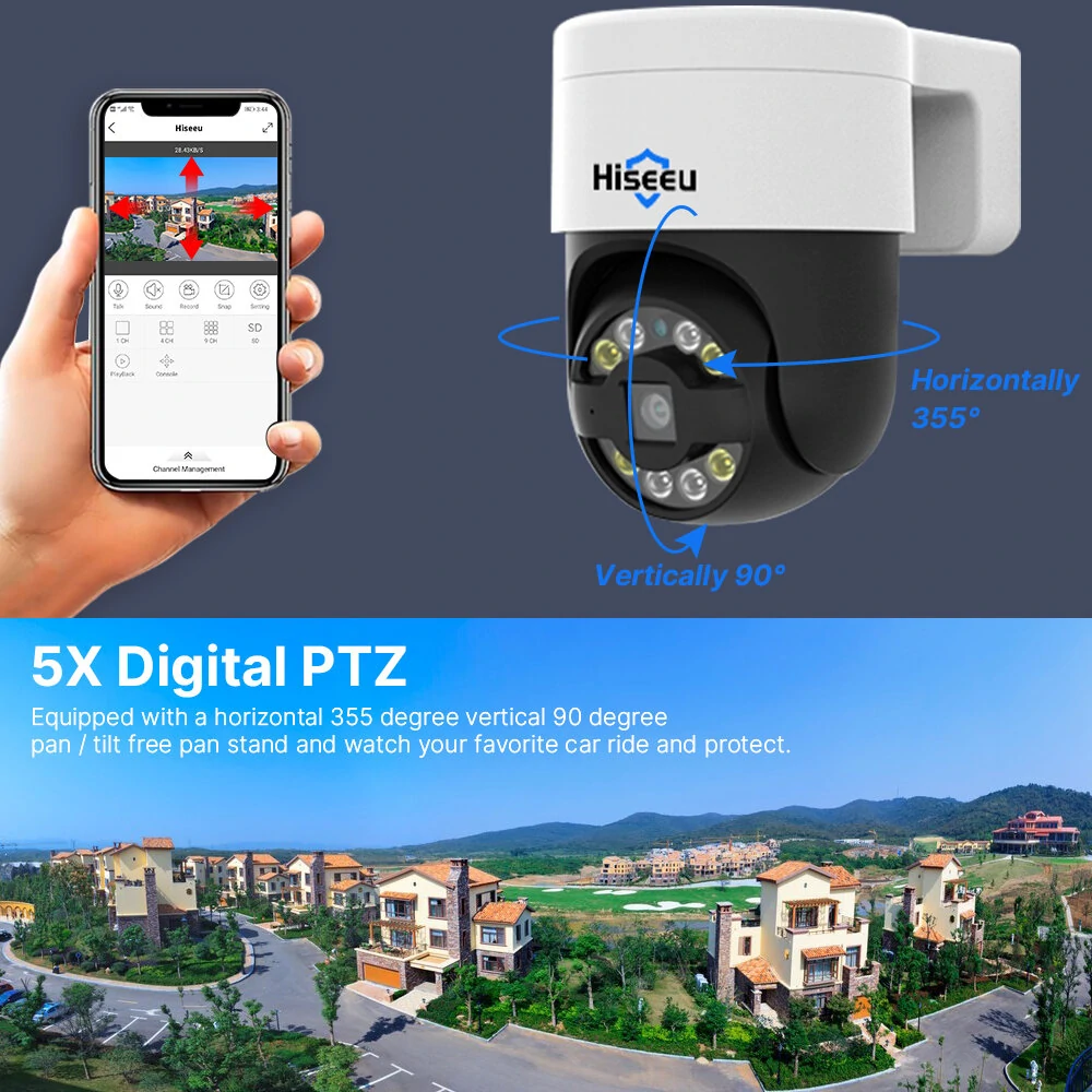 Hiseeu POE 5MP/8MP IP Video Surveillance Camera Outdoor Wireless PTZ Digital Motion Color Night Vison Two-way Audio CCTV Monitoring Camera for Home Safety