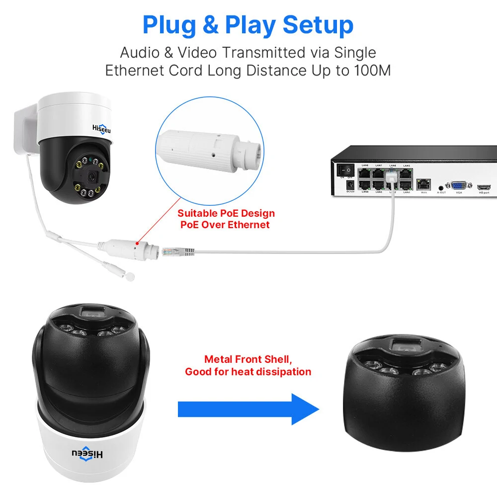 Hiseeu POE 5MP/8MP IP Video Surveillance Camera Outdoor Wireless PTZ Digital Motion Color Night Vison Two-way Audio CCTV Monitoring Camera for Home Safety