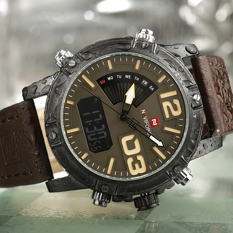 NAVIFORCE Fashion Sport Digital Watches Analog Date Clock Luminous Waterproof Genuine Leather Strap Wristwatch for Male
