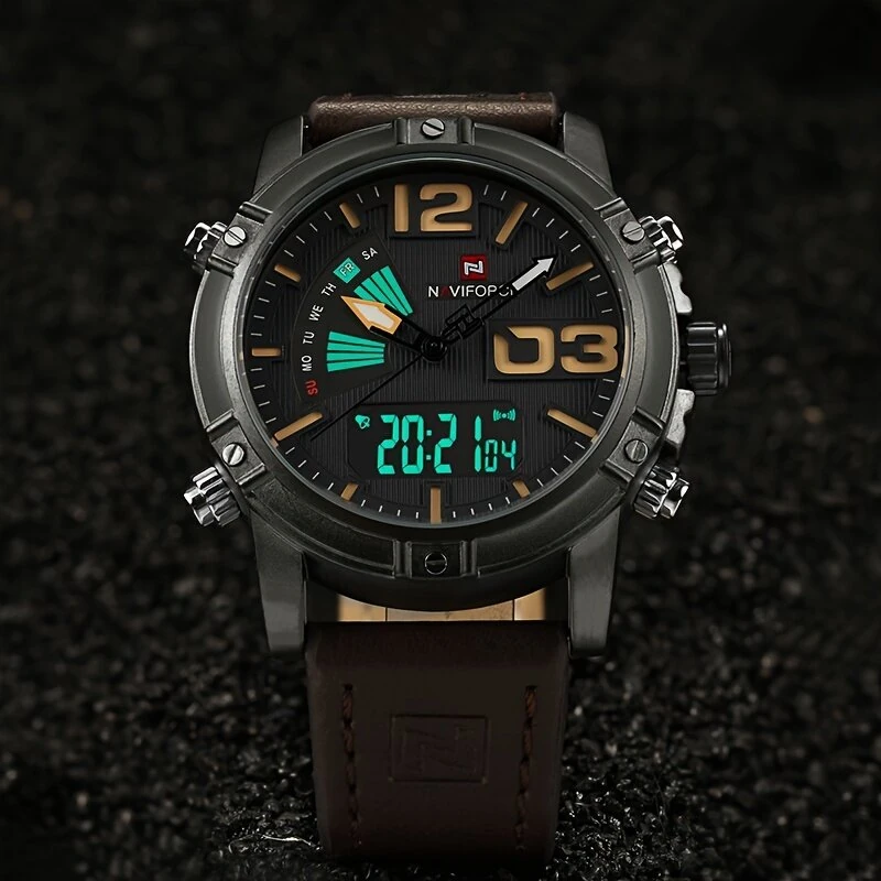NAVIFORCE Fashion Sport Digital Watches Analog Date Clock Luminous Waterproof Genuine Leather Strap Wristwatch for Male