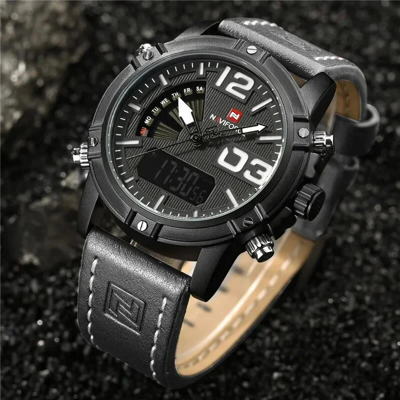 NAVIFORCE Fashion Sport Digital Watches Analog Date Clock Luminous Waterproof Genuine Leather Strap Wristwatch for Male