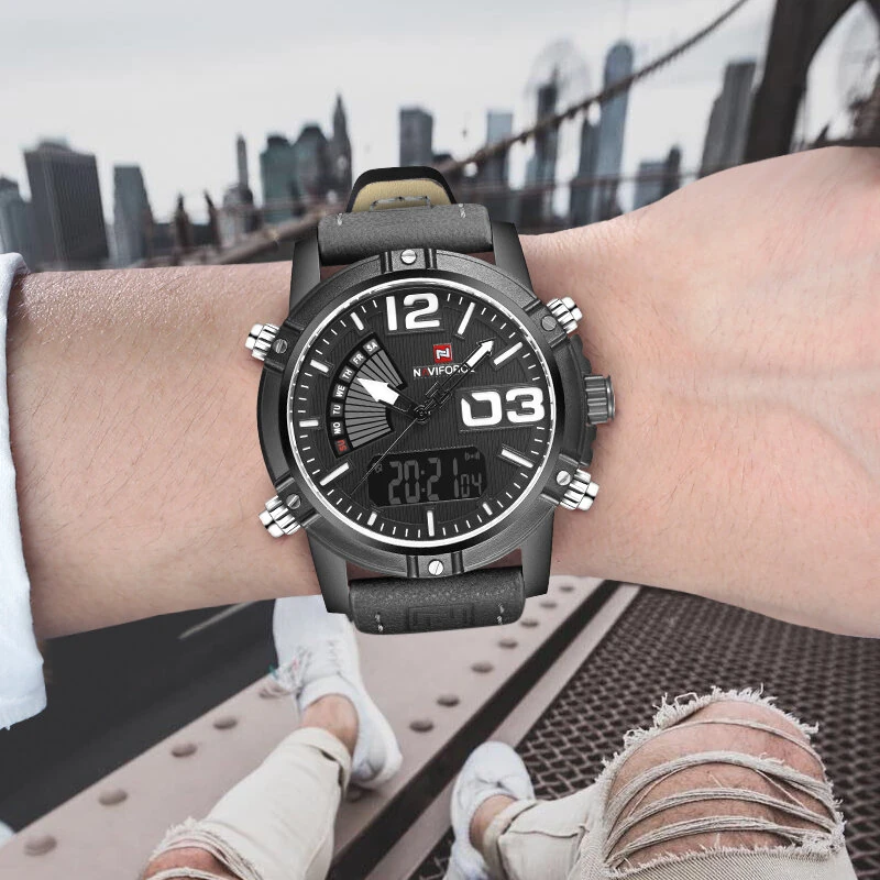 NAVIFORCE Fashion Sport Digital Watches Analog Date Clock Luminous Waterproof Genuine Leather Strap Wristwatch for Male