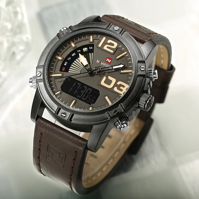 NAVIFORCE Fashion Sport Digital Watches Analog Date Clock Luminous Waterproof Genuine Leather Strap Wristwatch for Male