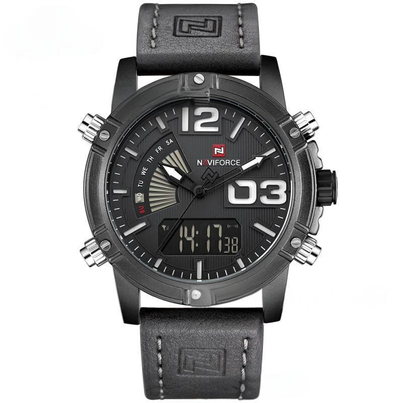 NAVIFORCE Fashion Sport Digital Watches Analog Date Clock Luminous Waterproof Genuine Leather Strap Wristwatch for Male