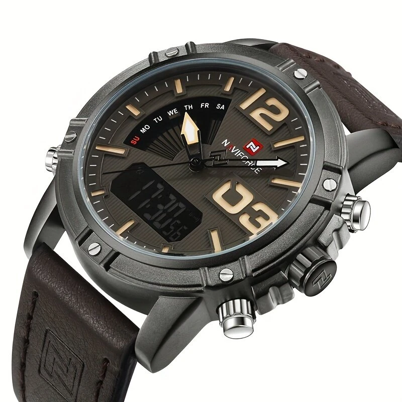 NAVIFORCE Fashion Sport Digital Watches Analog Date Clock Luminous Waterproof Genuine Leather Strap Wristwatch for Male