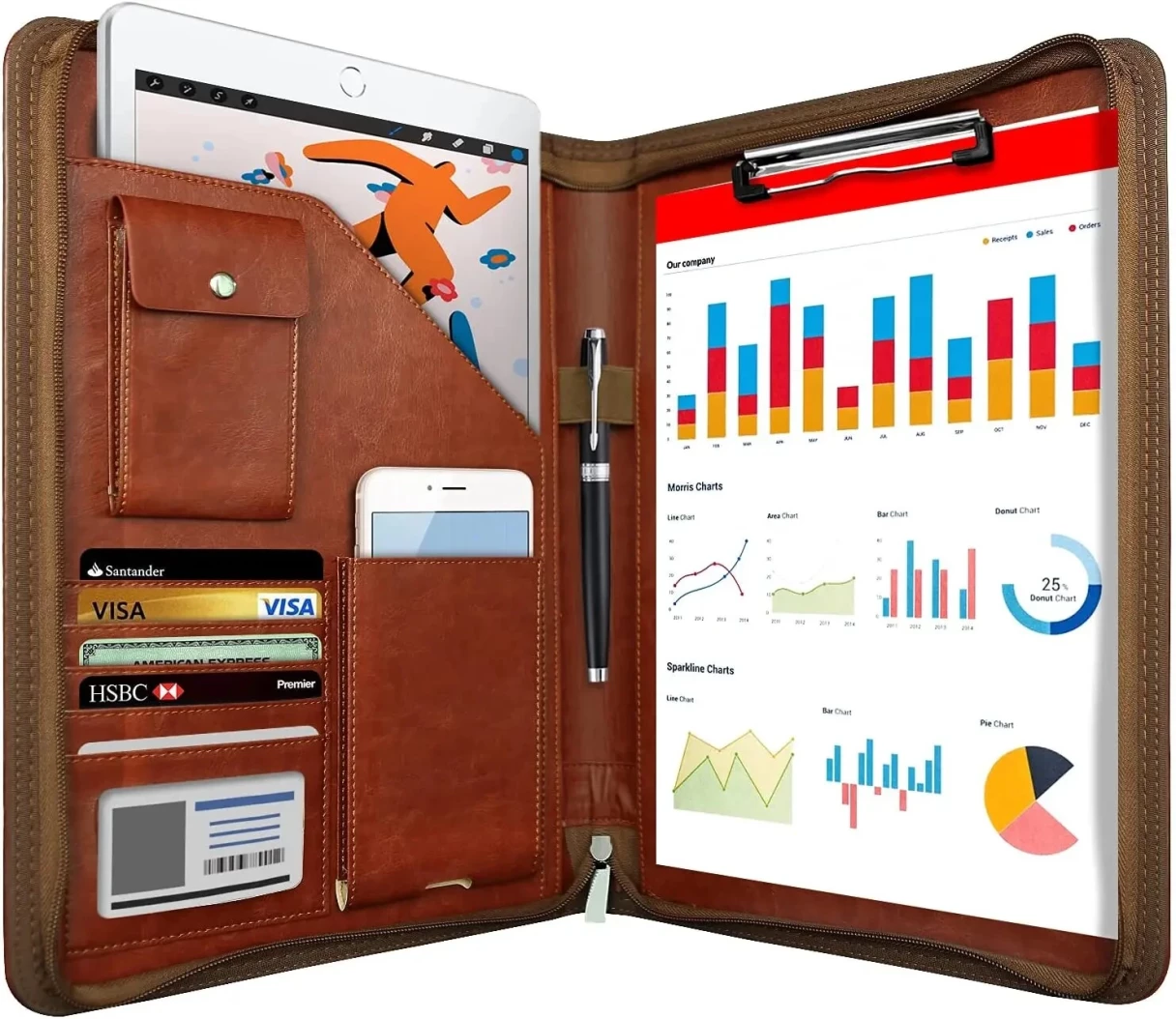 A4 File Folder Multifunctional Document Business Stationery Leather Conference Contract Folders Zippered Organizer Card Holder