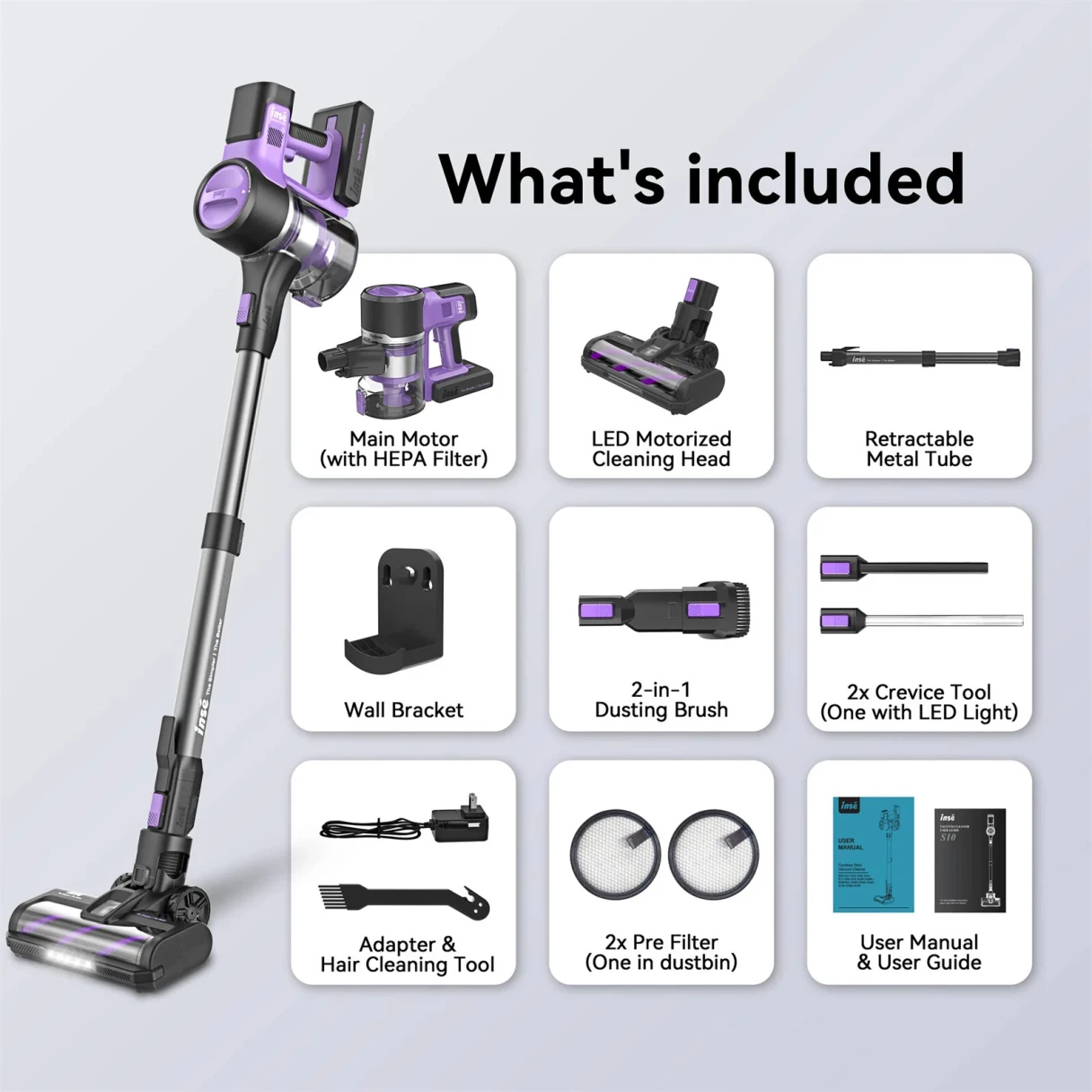 [EU Direct] INSE S10 Cordless Vacuum Cleaner, 6-in-1 Stick Vacuum with 30Kpa 350W Suction, Max 50 Min Runtime Rechargeable Vacuum Cleaner