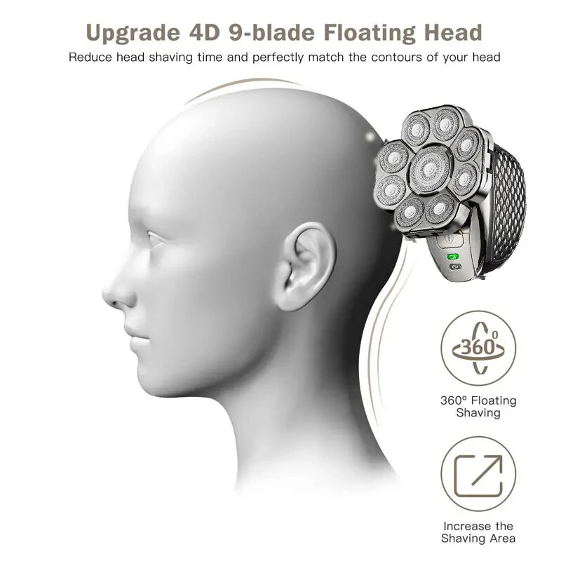 6-in-1 Men's Bald Head Electric Shaver and Trimmer Kit Waterproof and Rechargeable Rotary Shaver with 9 Floating Blades Beard Nose Ear Hair Clipper Facial Brush Quick Charging
