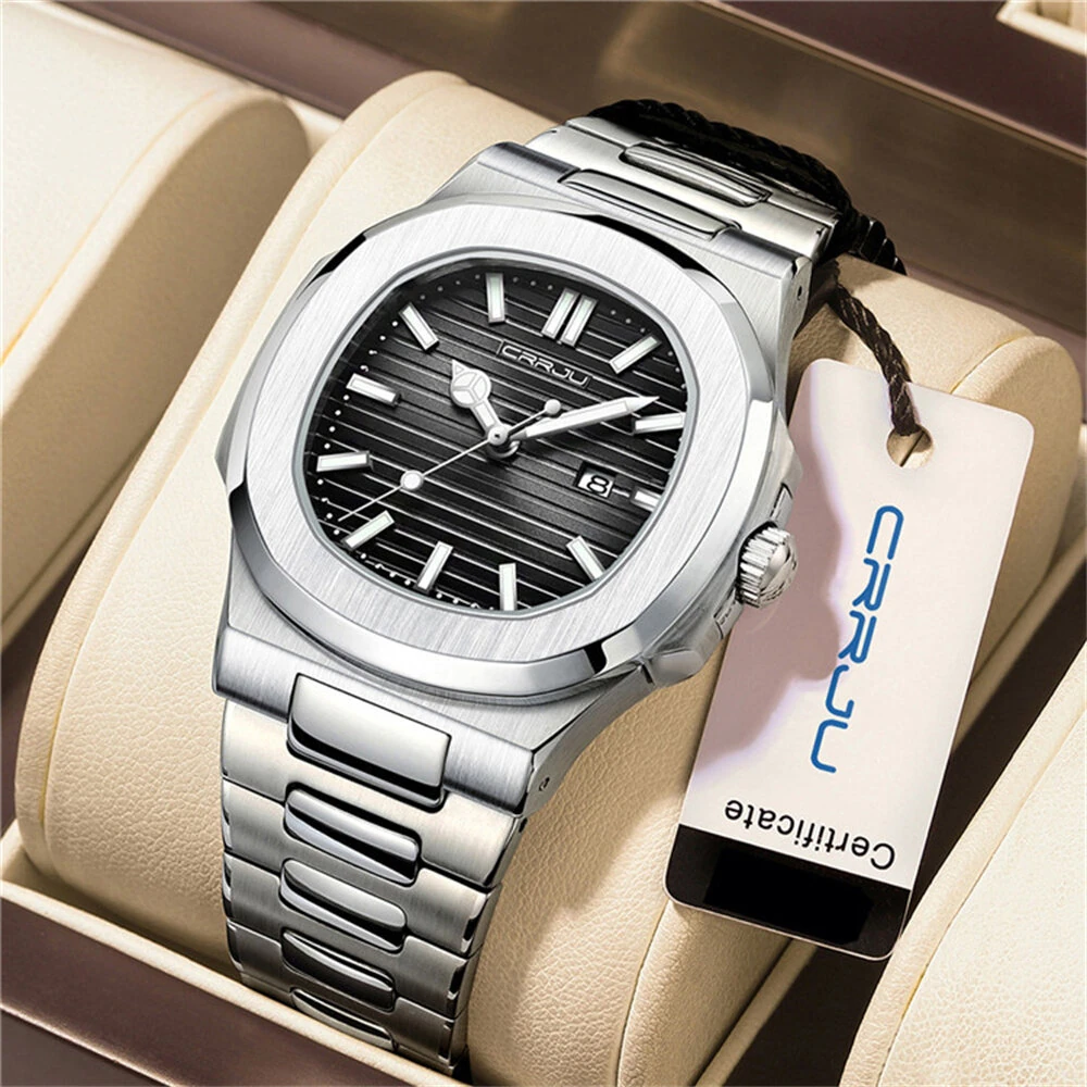 CRRJU Men's Quartz Watch Stainless Steel Band Waterproof Luminous Square Dial Business Casual Fashion Date Wristwatch
