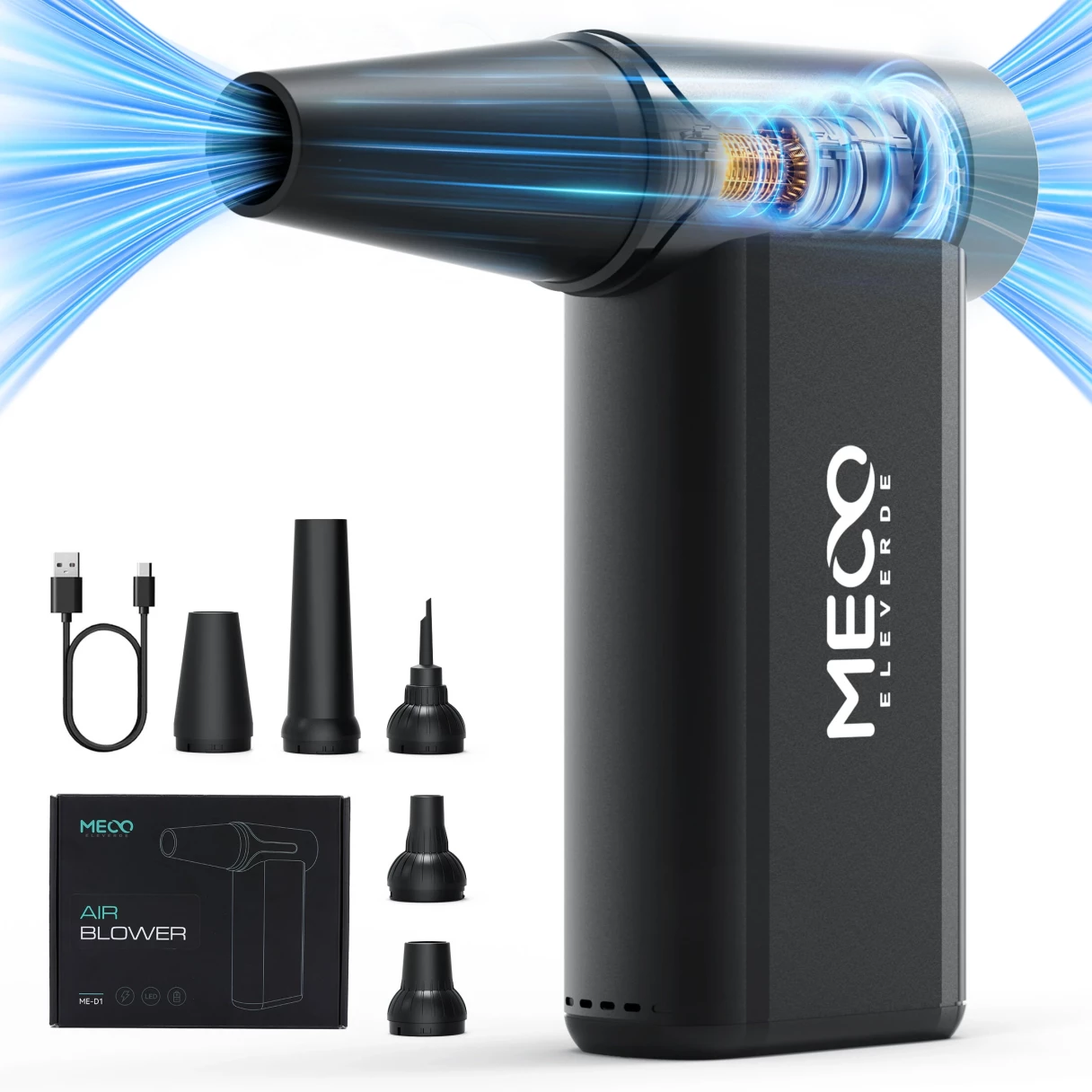 MECO ELEVERDE D1 Electric Compressed Air Duster Vacuum Cleaner 8-Gear to 130000RPM  Keyboard Cleaner Rechargeable Cordless Air Duster for Computer, Car, Pet Hair