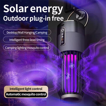 2 in 1 Solar Powered Mosquito Killer Lamp LED Lighting 1200mAh Lithium Battery 2500V High-voltage Efficient Bug Zapper Outdoor Camping Night Light